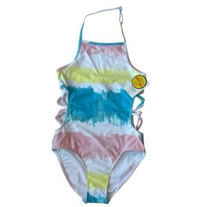 Tucker + Tate Girl’s One Piece Swimsuit UPF 50+ Dip Dye Stripe Halter Top NWT